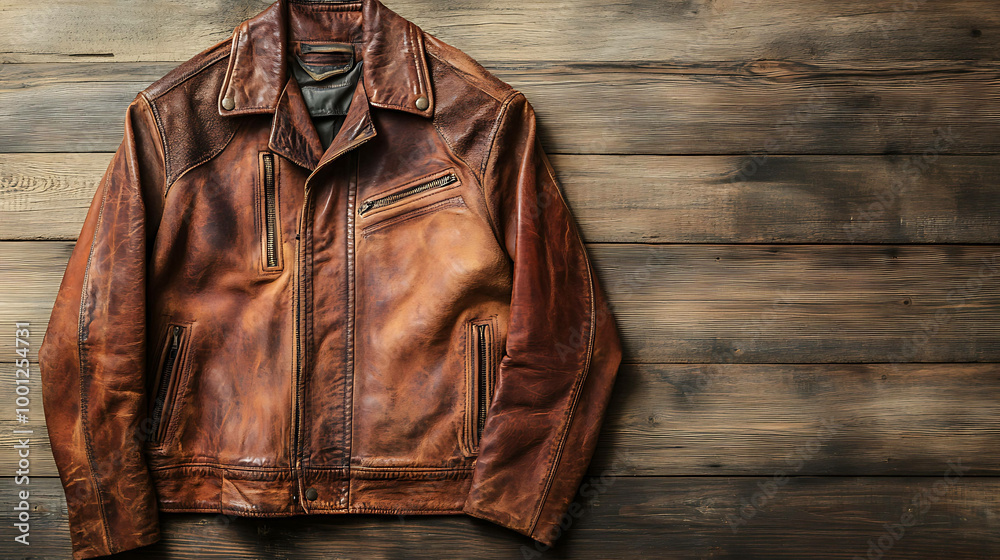Fototapeta premium A brown leather jacket laid flat on a rustic wooden background.