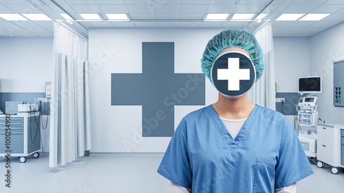 A medical worker with a plus icon on their uniform, symbolizing the healthcare and medical industry. The plus icon also represents health insurance and the health concept. The background is a hospital