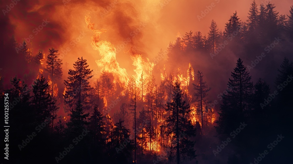 Forest fire raging through dry trees, with thick smoke rising into the sky as flames consume the forest, Forest fire raging through dry trees, with thick smoke rising into the sky as flames consume the forest,