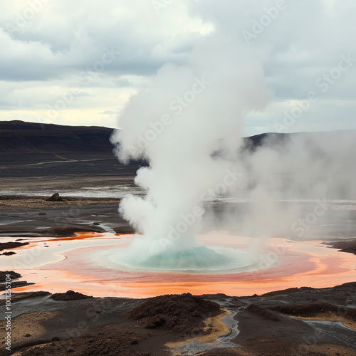 Large steaming geyser in a vibrant volcanic landscape with colorful surroundings