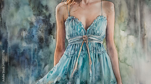 Watercolor painting of a woman in a flowy blue dress, standing against a blurred, green and grey background.