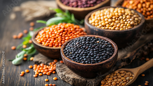 "An assortment of organic lentils displayed on a wooden table, highlighting the concept of dried lentils and legumes in bowls."