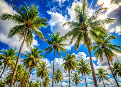 Swaying palm trees stand tall against a bright blue sky with fluffy white clouds, creating a serene and