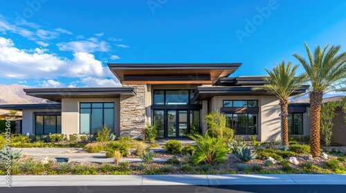 Front view of a luxury home, with sleek lines, a modern design, and lush landscaping, standing proudly under a blue sky.