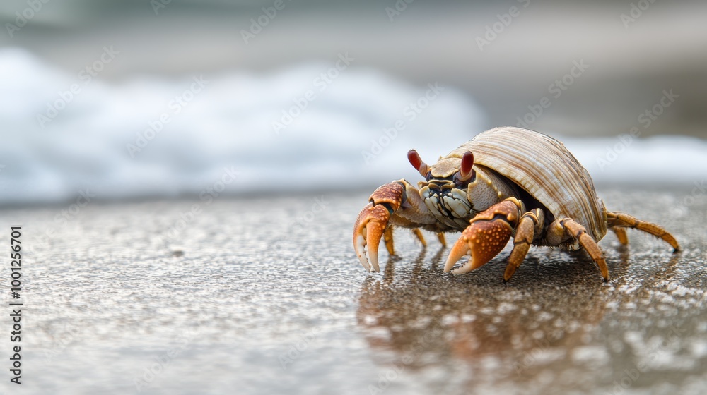 Crab on Wet Sand Near Ocean Waves Crab on Wet Sand Near Ocean Waves