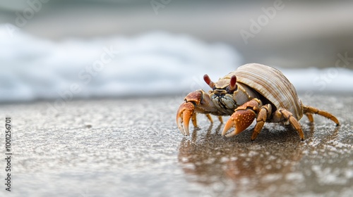 Crab on Wet Sand Near Ocean Waves