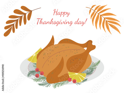 Happy Thanksgiving day. Roast turkey chicken with rosemary, cranberries, lemon slices and spices as a symbol of the holiday isolated on on white background. Hand drawn vector flat colored illustration