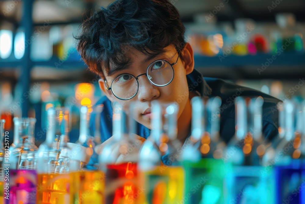A young man in glasses examines a row of colorful bottles in a laboratory. A young man in glasses examines a row of colorful bottles in a laboratory.