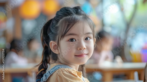 A young girl with long dark hair smiles at the camera while sitting in a cafe.