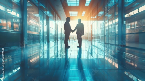 Two businessmen shake hands in a modern office hallway, bathed in warm sunlight.