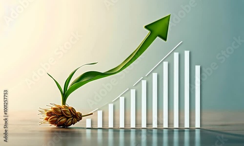 A wheat grain sprouting a green shoot that grows into a rising arrow, symbolizing agricultural growth, success, and sustainability. Generated with AI