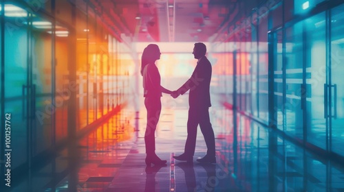 Two businesspeople shake hands in a brightly lit corridor, symbolizing partnership and success.