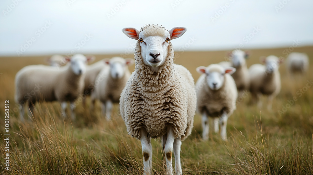 wide background photo, group of little lambs looking at the camera in a green grass field wide background photo, group of little lambs looking at the camera in a green grass field