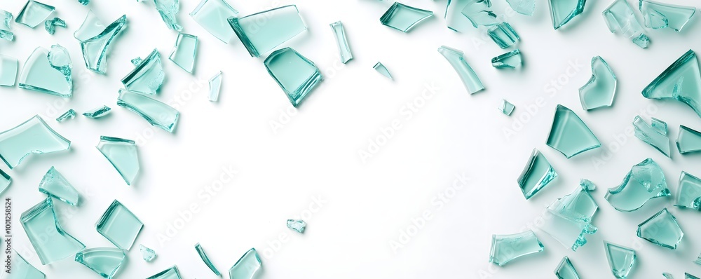 Fototapeta premium Shattered green glass pieces scattered on a white surface, creating a striking visual contrast and a sense of fragility.