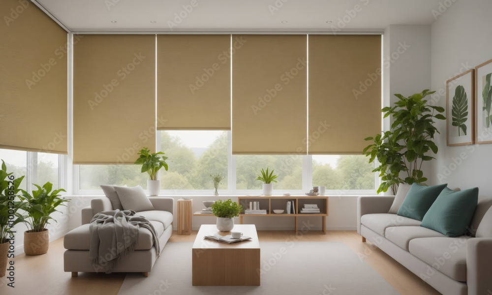 Fototapeta premium Beige roller blinds are partially lowered in a living room, blocking out the sunlight