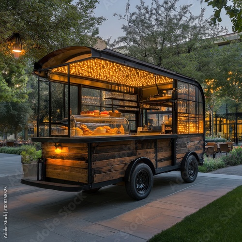 Cozy outdoor food cart with fairy lights at dusk