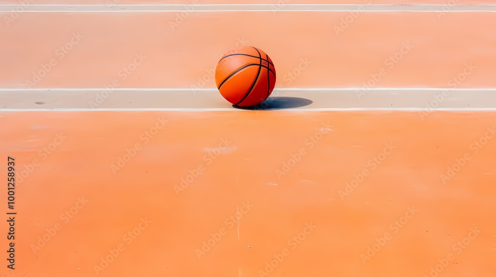 A single basketball rests on an empty outdoor court ready for play. A single basketball rests on an empty outdoor court ready for play.