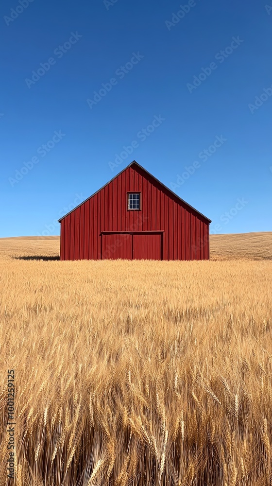 A red barn stands in a field of golden wheat under a clear blue sky. A red barn stands in a field of golden wheat under a clear blue sky.