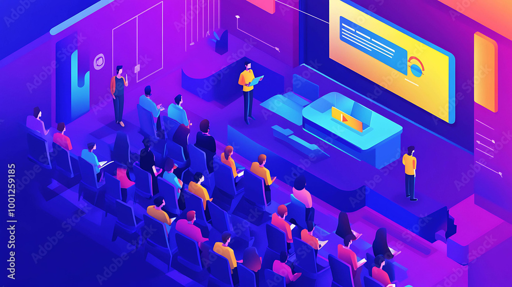Fototapeta premium Isometric illustration of a conference room with a speaker and an audience.