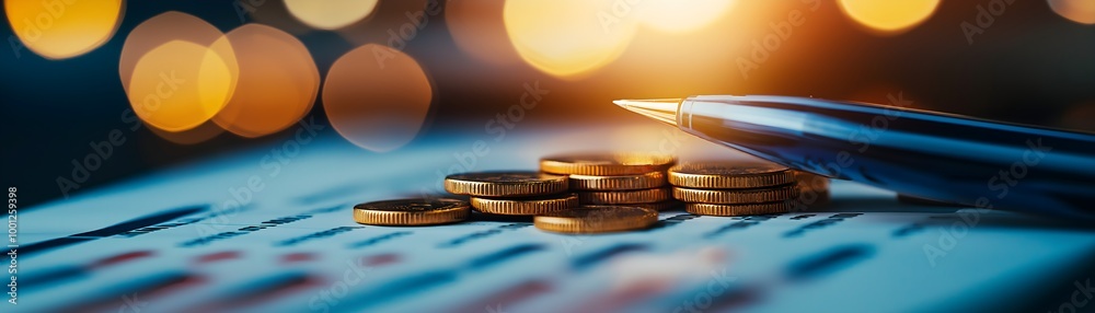 A close-up view of coins and a pen resting on a financial document, set against a softly lit background, symbolizing investment and finance. A close-up view of coins and a pen resting on a financial document, set against a softly lit background, symbolizing investment and finance.