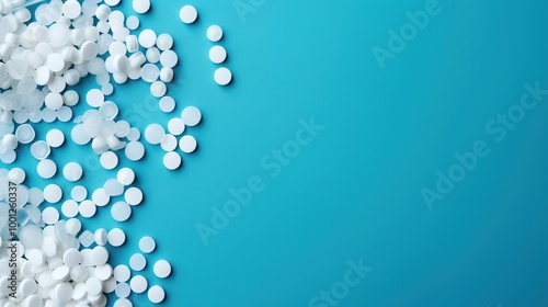 White Pills Scattered on Blue Background. Top View And Flat Lay. Copy Space For Add Text. 3D Illustration. Generate Ai Image