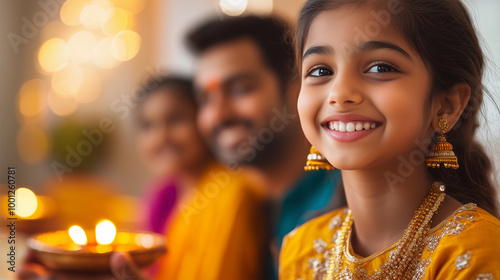 Happy Diwali Celebration, Smiling Indian Family with Diyas, Traditional Light Festival, Culture of Warmth, Lights of Togetherness and Tradtion, Religious Event. photo