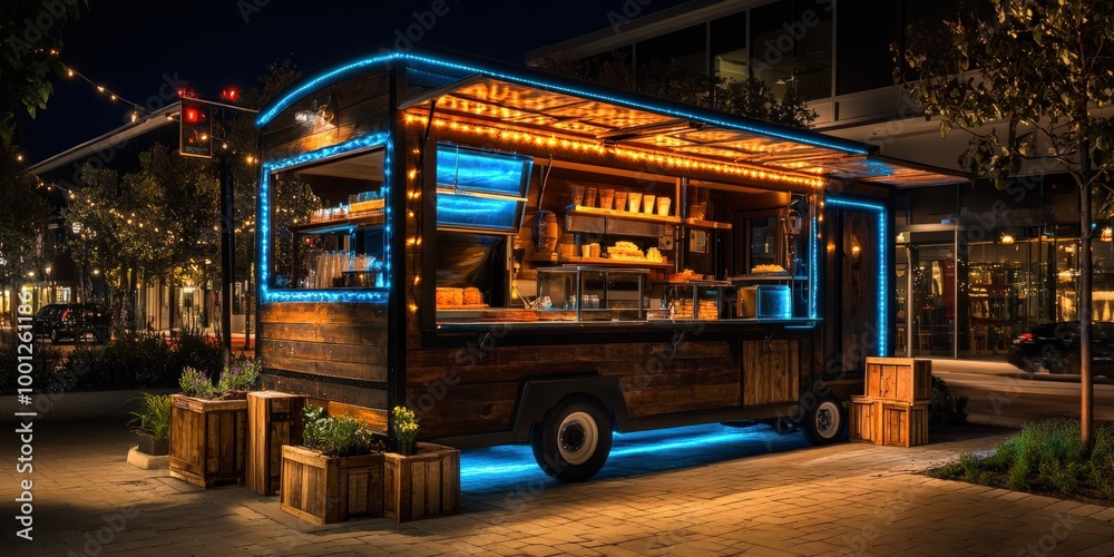 Cozy outdoor food cart with fairy lights at dusk Cozy outdoor food cart with fairy lights at dusk