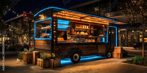 Cozy outdoor food cart with fairy lights at dusk