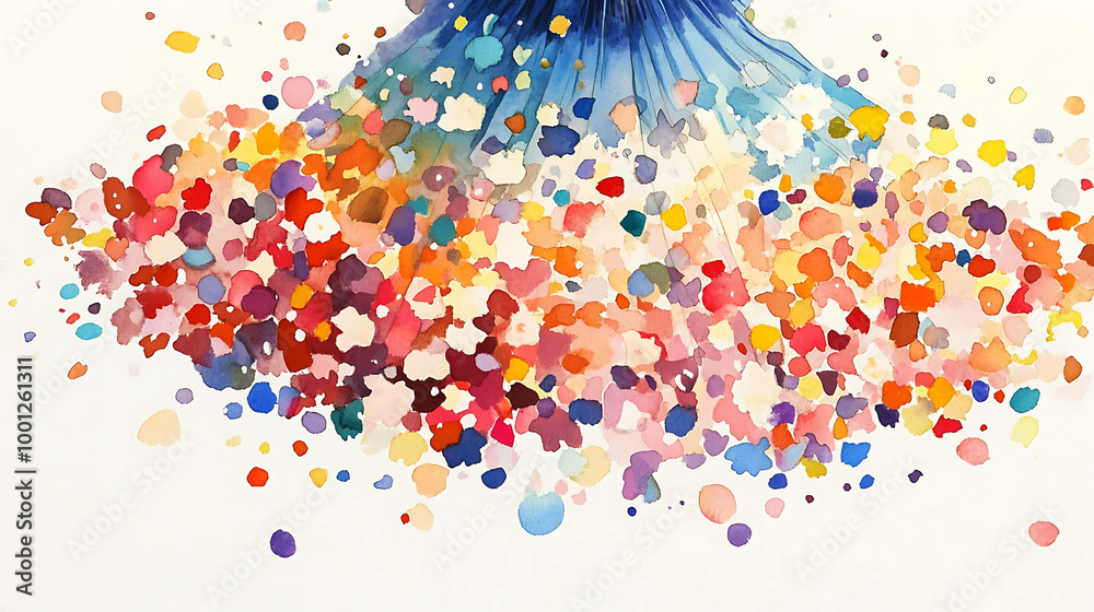 Fototapeta premium A watercolor painting of a colorful dress with a blue top and a colorful bottom with splashes of paint.