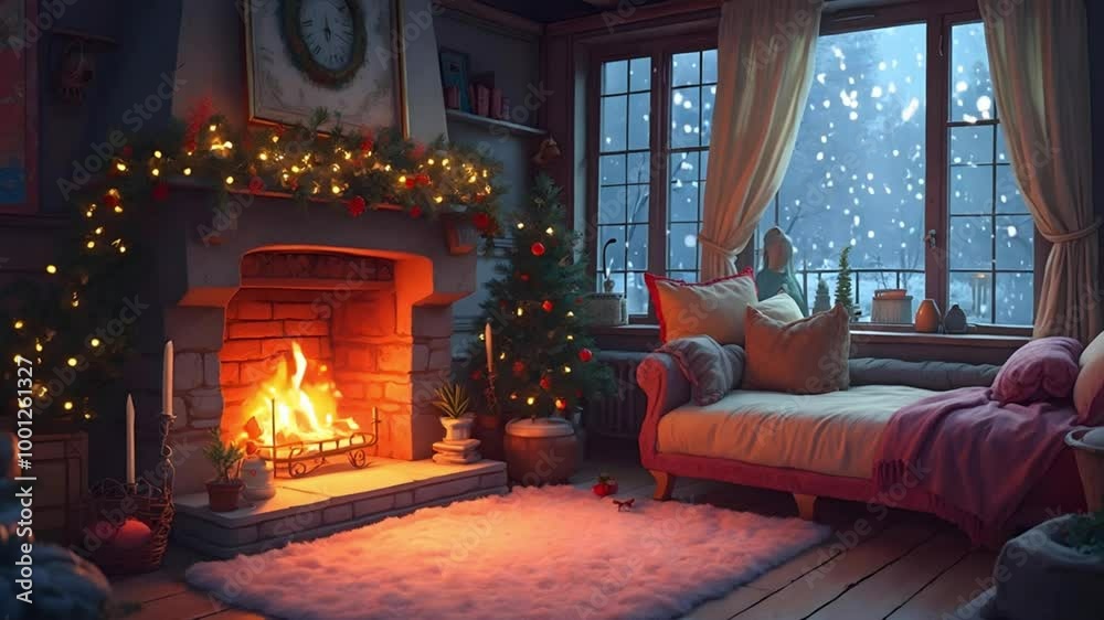 Cozy Christmas Living Room with Fireplace, Decorated Tree, and Snowy Window View Cozy Christmas Living Room with Fireplace, Decorated Tree, and Snowy Window View