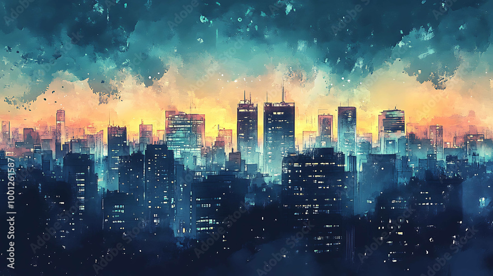 Fototapeta premium Watercolor painting of a city skyline at sunset, with colorful clouds.