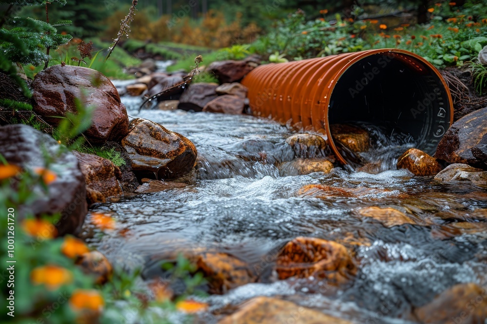 Orange drainage pipe channeling water into rocky bed, surrounded by greenery and foamy flow Orange drainage pipe channeling water into rocky bed, surrounded by greenery and foamy flow