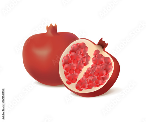 Pomegranate, garnet 3D style illustration. Juicy fresh pomegranate fruit icon vector. Whole and halved pomegranate icon. Template for background, banner, card. Vector set