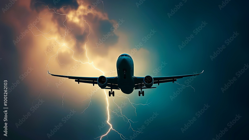 A passenger airliner flies into a thunderstorm with lightning. Concept of air travel hazards A passenger airliner flies into a thunderstorm with lightning. Concept of air travel hazards
