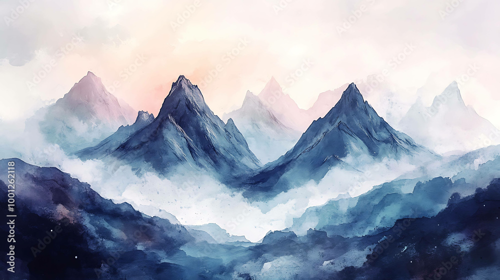 A watercolor illustration of a mountain range with blue, purple, and pink hues.
