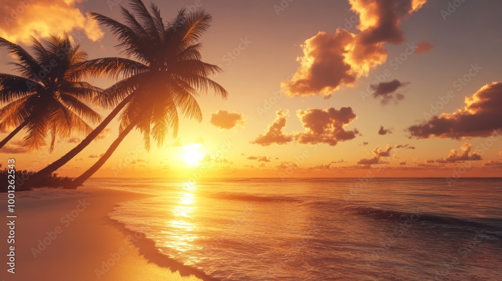 A serene beach scene at sunset with palm trees and gentle waves.