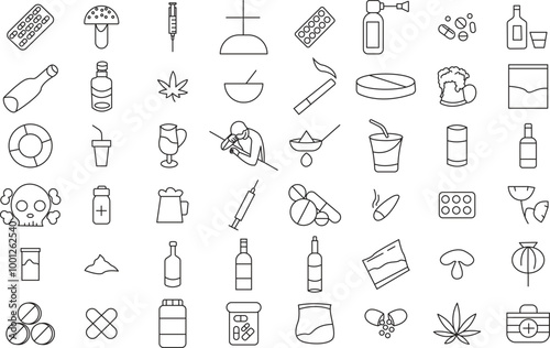 Drug Addiction icon set for logo and T-Shirt. Thin line art editable stroke.