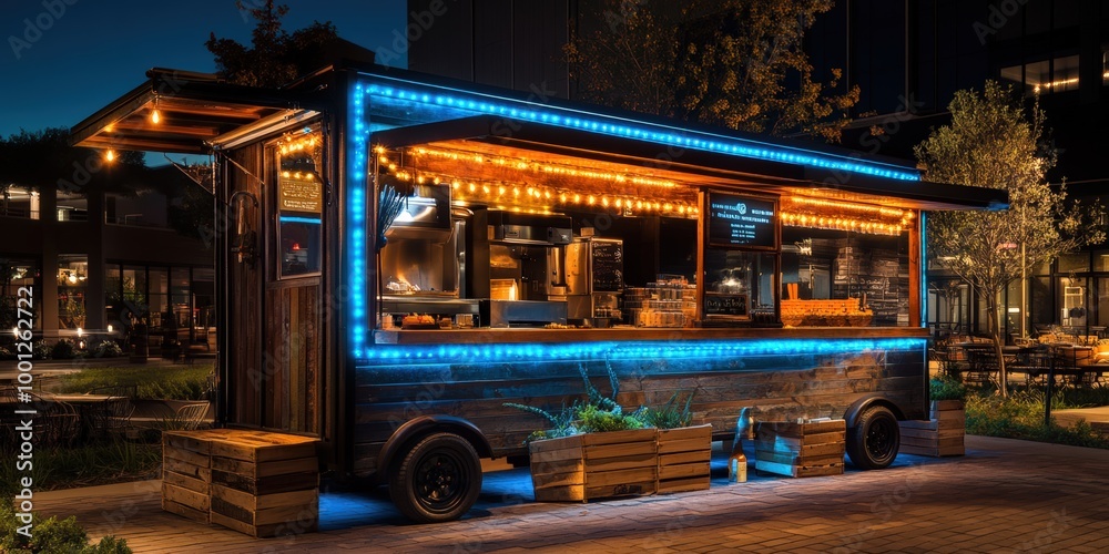 Cozy outdoor food cart with fairy lights at dusk Cozy outdoor food cart with fairy lights at dusk