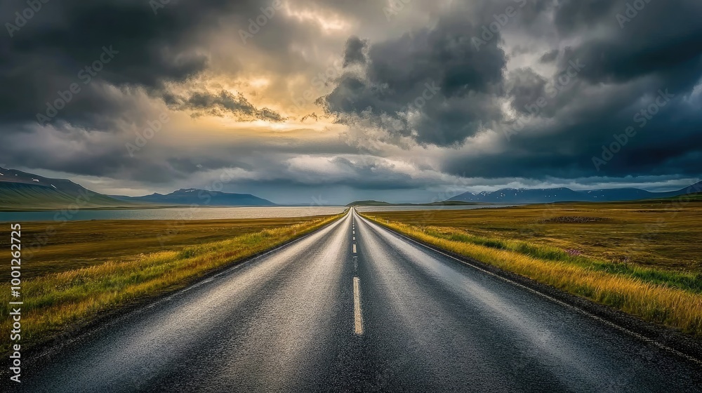 Naklejka premium Diminishing perspective of an empty highway cutting through the scenic Icelandic landscape, bordered by a still lake and dramatic sky.