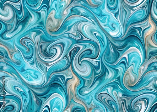 Vibrant, abstract, marble-like swirls of turquoise, blue, and silver hues create a mesmerizing, high-resolution,