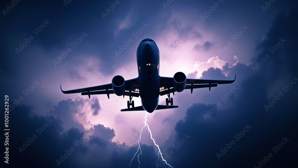 In a storm in the sky, lightning strikes a passenger plane In a storm in the sky, lightning strikes a passenger plane