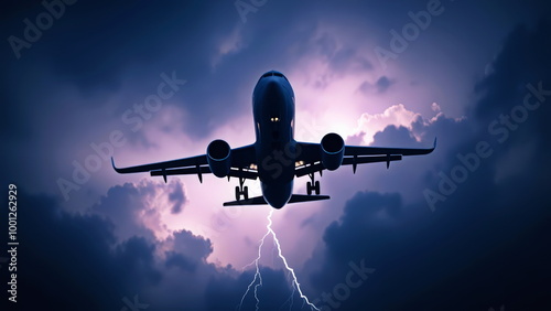 In a storm in the sky, lightning strikes a passenger plane