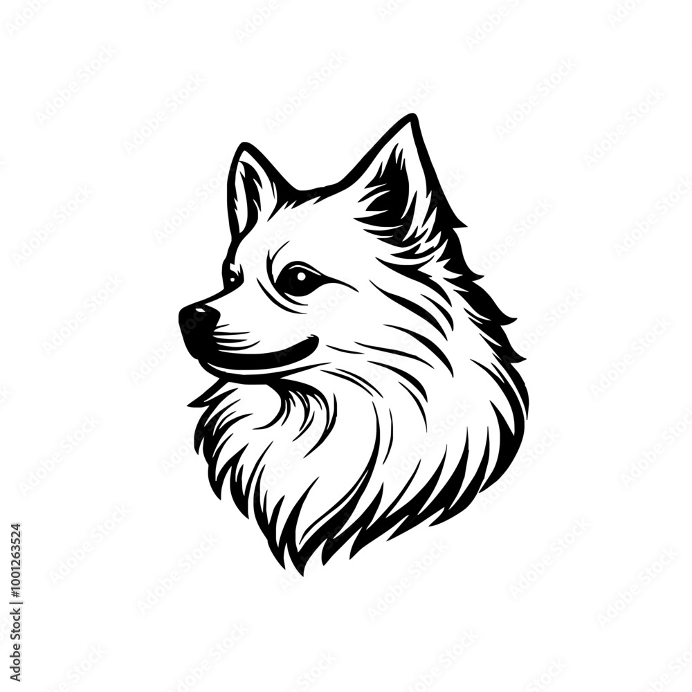 Fototapeta premium Minimalist Black and White Pomeranian Dog Line Drawing with Fluffy Fur and Detailed Expression