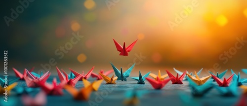 Origami Cranes in Flight Against a Starry Night Sky with Serene Water Scene and Vibrant Birds Reflecting in the Calm Environment. photo