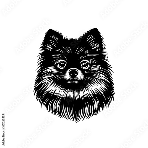 Cute Pomeranian Dog Portrait in Black and White Line Art Style with Fluffy Fur and Adorable Expression