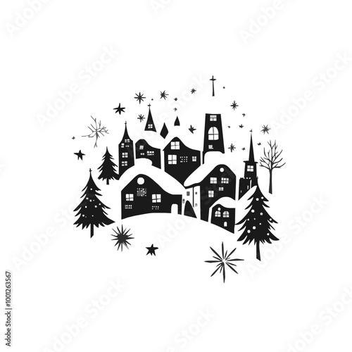 Snow-Covered Christmas Village with Winter Trees and Starry Sky in Black and White Silhouette Style for Holiday Designs