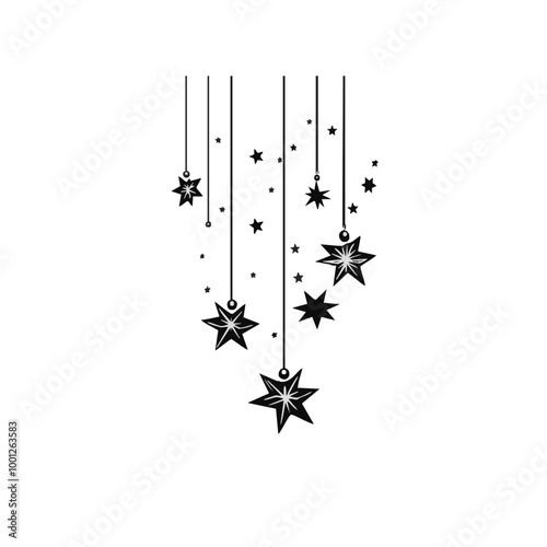  Black and White Christmas Star Ornaments Hanging in Line Art Style with Sparkling Stars for Holiday Decoration Themes