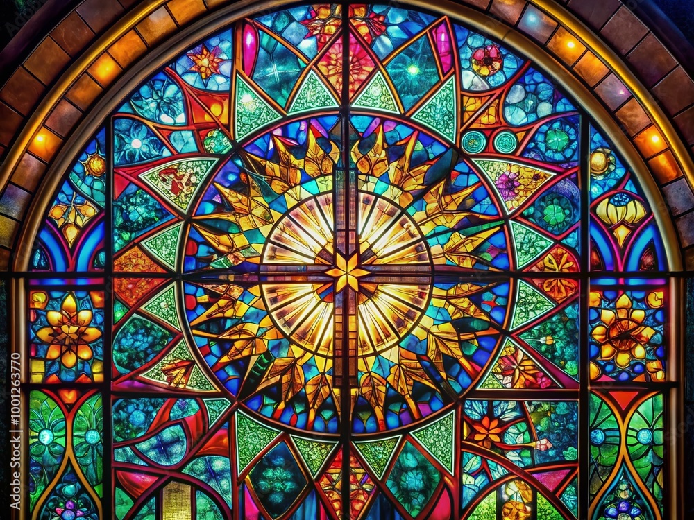 Obraz premium Vibrant, abstract stained glass window with intricate patterns and colors, evoking a sense of spirituality and