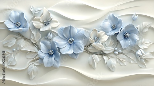 3D floral wallpaper featuring blue and white flowers blossoms against a pristine white canvas. photo