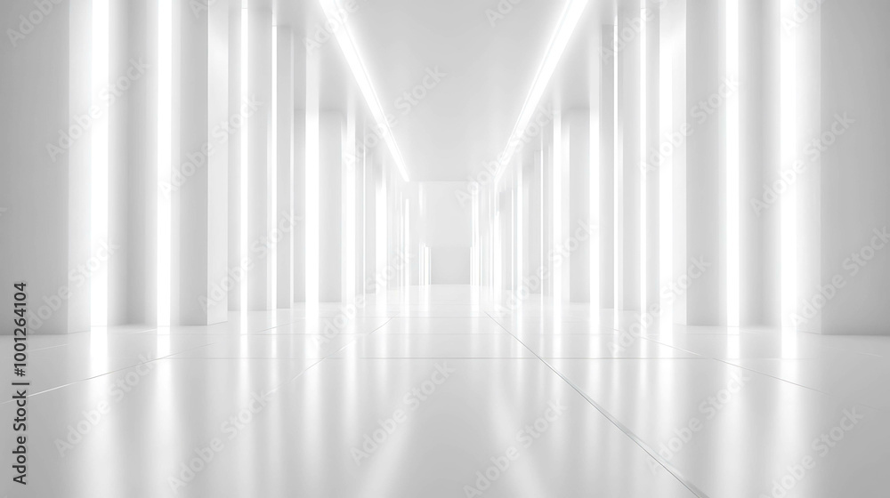 Obraz premium A long, bright white hallway with glowing lights.